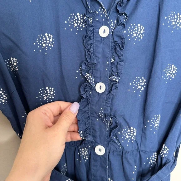 Tullette Women's XS Blue White Dot Print‎ Short Sleeve Button Down Belted Dress - Picture 4 of 10